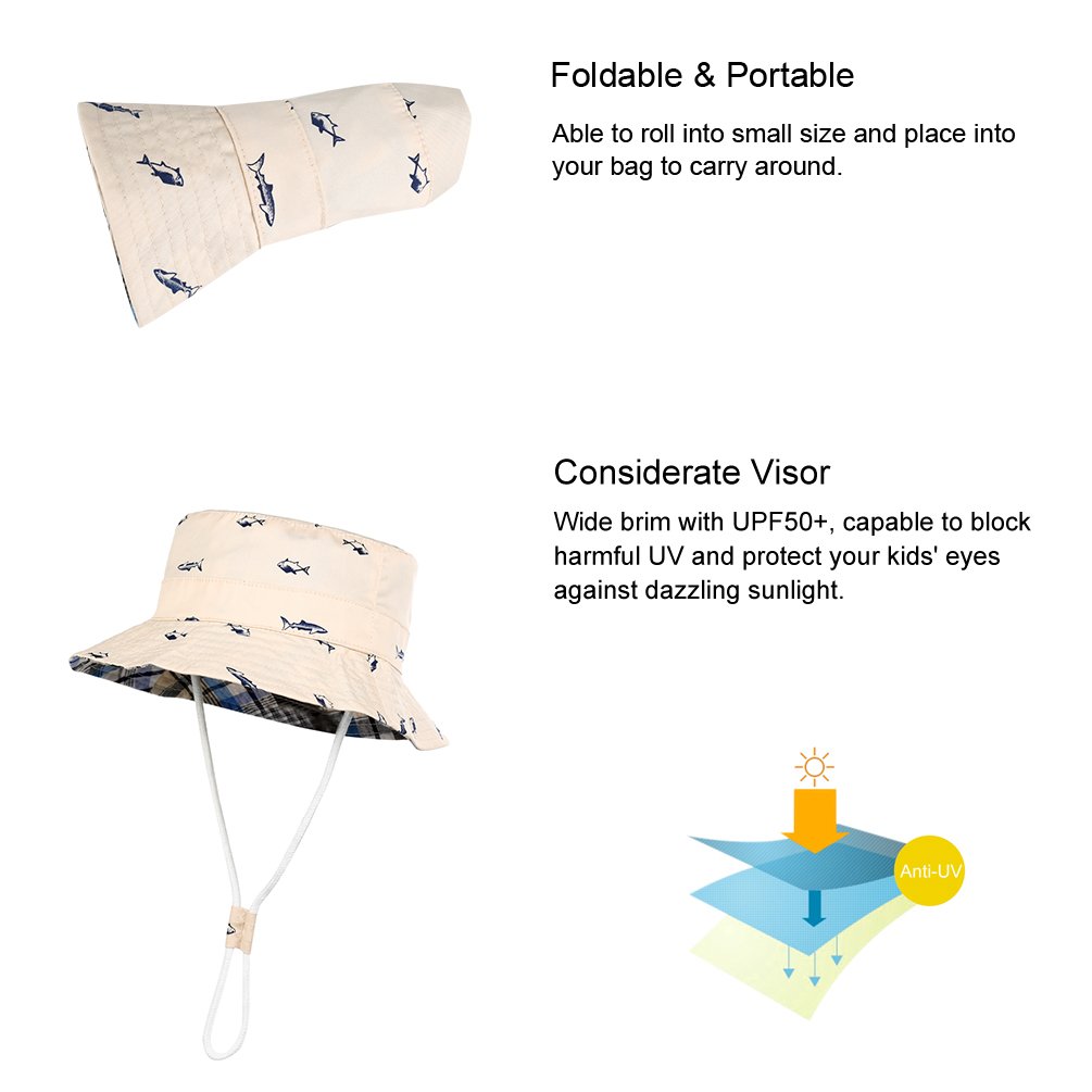 VBIGER Kids Cotton Bucket Hat Reversible Sun Hat Foldable Beach Cap with Adjustable Chin Strap,Aged 1-6