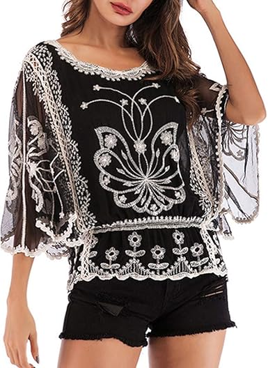 Darringls Camisetas para Mujer, Camiseta Bordado Encaje Blusas Verano 1/2 Media Manga Blusas Talla Grande Cuello Redondo Mariposa: Amazon.es: Ropa y accesorios