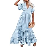 CHARTOU Women's Boho Ruffle Sleeve Flowy Maxi Dress Lace Up Back Tiered Party A Line Dress