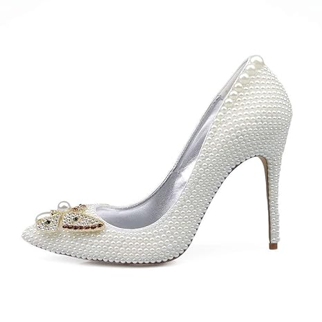 Damen White Pearl Butterfly High Heels Braut Spitzen Brautschuhe mit Stiletto Heel von 10cm Star Fashion Schuhe Cinderella's 