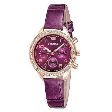 Women Watch, 5 Colors Fashion Waterproof Rhinestones Quartz Movement Wristwatch with Slim PU Leather Watch Band(#-Purple)