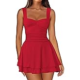 IWD Women's Square Neck Sleeveless Mini Dress Ruched Waist Tiered Ruffle Hem A Line Short Dresses
