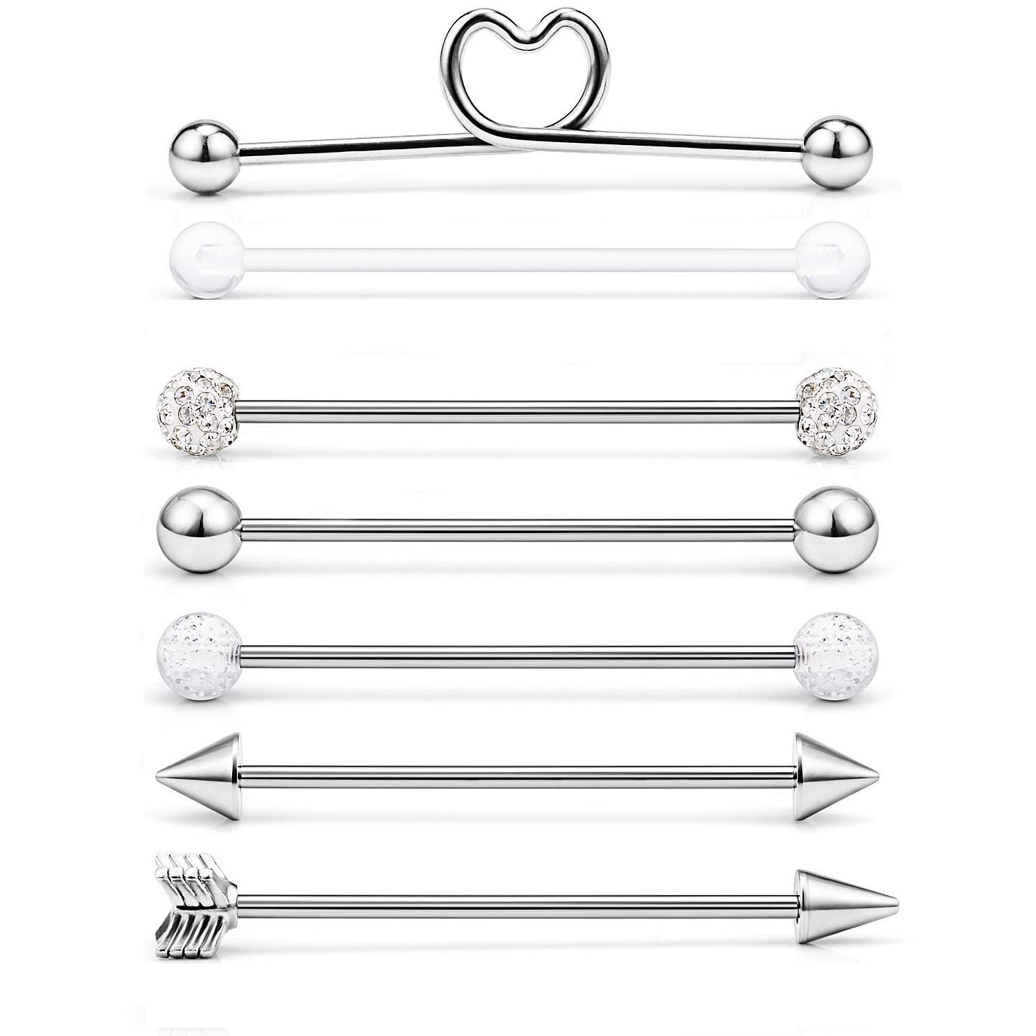 LAURITAMI 14G 7Pcs Surgical Steel Industrial Barbell for Women Men Cartilage Earring Body Piercing Jewelry 1 1/2 Inch 38mm