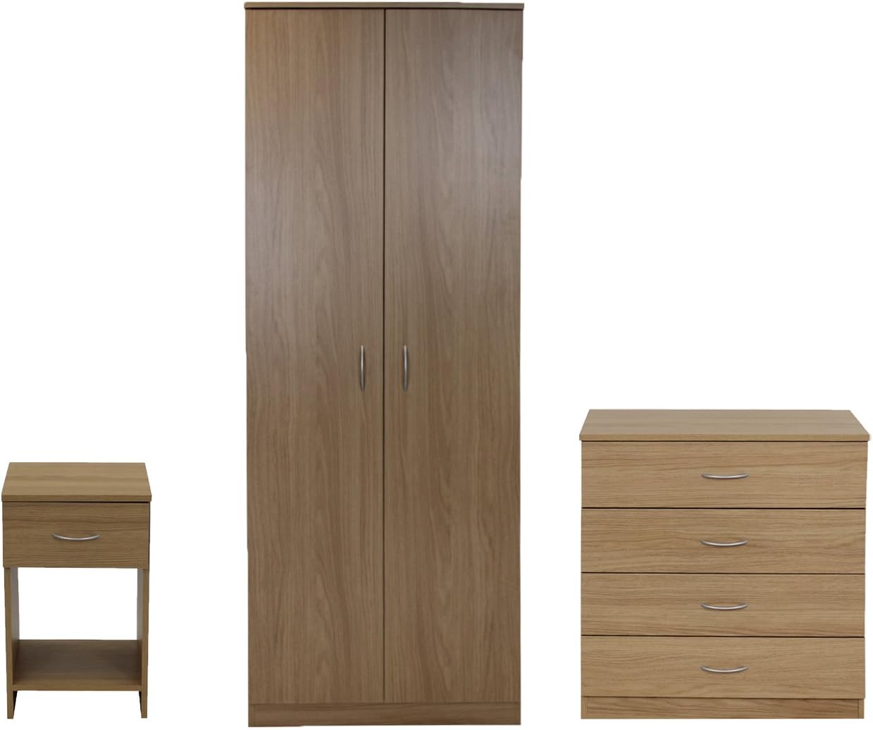 Devoted2Home Boldon Bedroom Furniture 3 Piece Set-Wardrobe, 4 Drawer Chest, Bedside Cabinet, Oak Brown, 49.8x66.8x180 cm