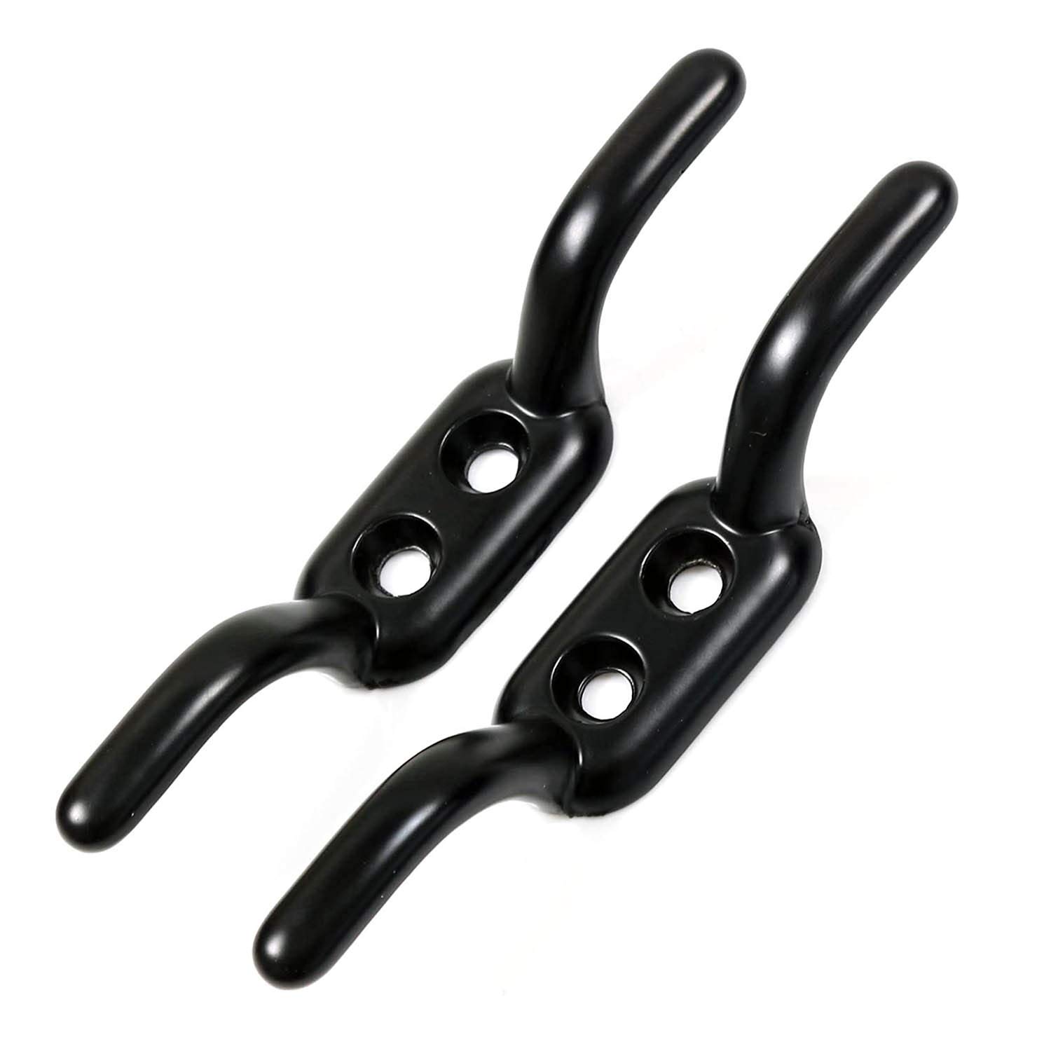 Washing Line Cord Cleat Hooks - Heavy Duty Metal Trailer Rope Tiebacks Pulley Black Japanned 110mm - Pack of 2