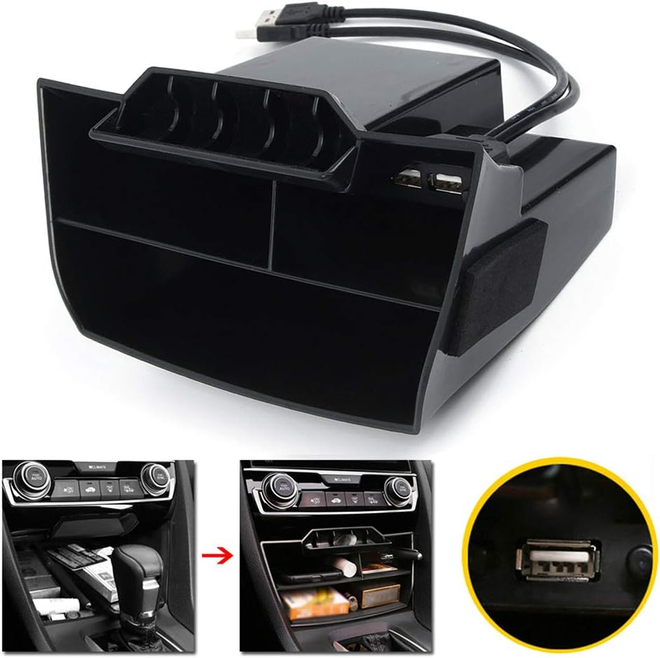 HNOOSTER Car ABS Inner Console Central Storage Box USB Port Multifunction Storage Box Phone Tray Accessory For Honda Civic 2016-2019