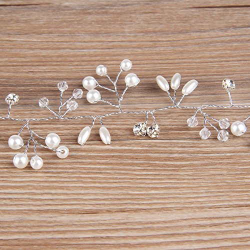 Beauty7 Silver Wedding Bridal Vine Wreath Headband Halo Wired Decorative Accessories Crystal Rhinestone Simulated Pearl Bride Bridesmaid Flowergirl Women Girl Long Hair with 2 Bobby Pins Set 39.4" - Thumbnail 7
