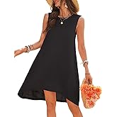 vinglam Women's Linen Dress Crew Neck Sleeveless High Low Hem Dresses with Pocket 100%