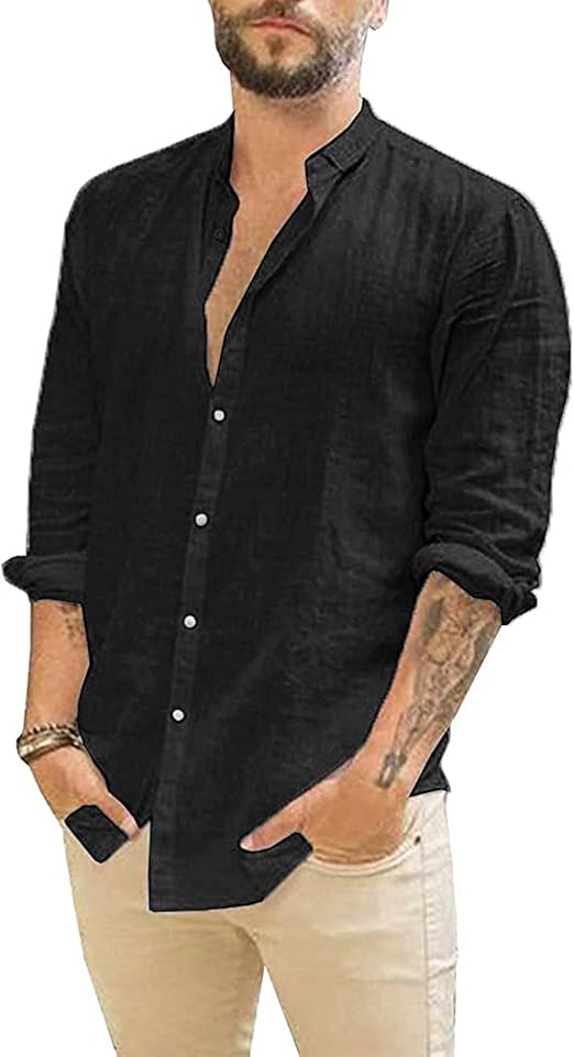 Jacansi Men's Linen Shirts Long-Sleeved Button-Down Shirts Men's Summer Casual Shirts Solid 