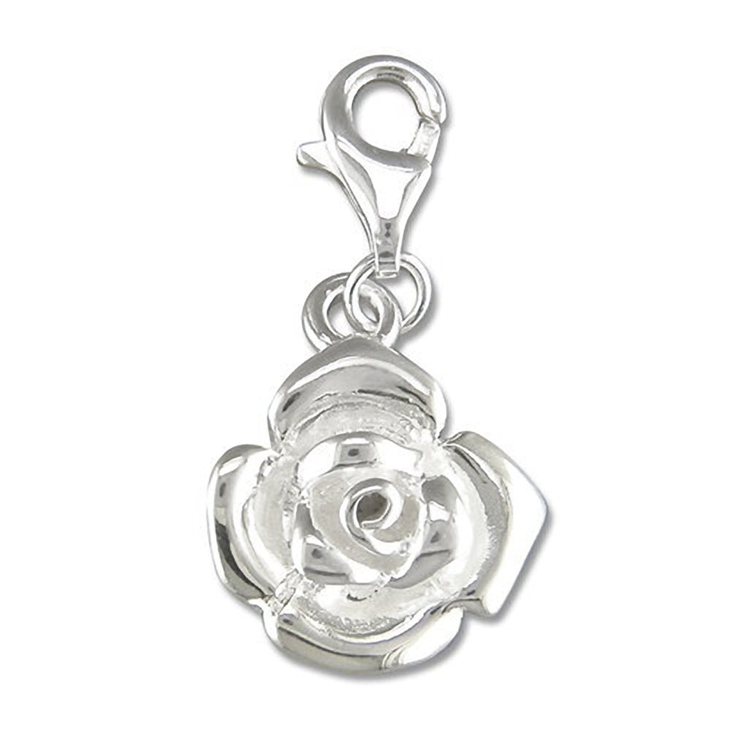 Rose Flower Sterling Silver Clip On Charm Pendant with Lobster Clasp for Women - Compatible with Thomas Sabo Charms Bracelet - Women's Clasp Charms. R6186