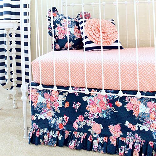 Girls Crib Bedding by Lottie Da Baby - Coral and Navy Floral Crib Set with Striped Accents 2-5pcs Navy Crib Skirt , Fitted Crib Sheet, Floral & Stripe Nursery Throw Pillows & Minky Baby Blanket