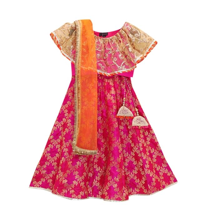 Peaches By Hopscotch Girls Blended Banarsi Jacard Lehenga With Frill Choli And Dupatta Set in Majenta Color