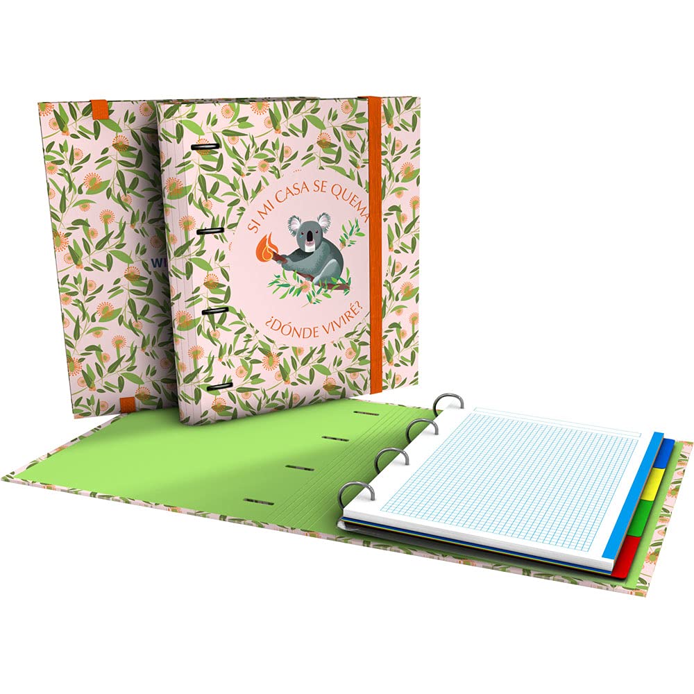 Grafoplás 88102629 Ring Binder, A4, Refill Sheets, 5 x 5, Dividers, Transparent Envelope, Curved Spine, Carpebook, Wise Planet Collection, Koala