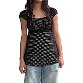 Women Polka Dot Babydoll Tops Y2k Cap Sleeve Square Neck Coquette Peplum Shirt Cute Teens Preppy Clothes