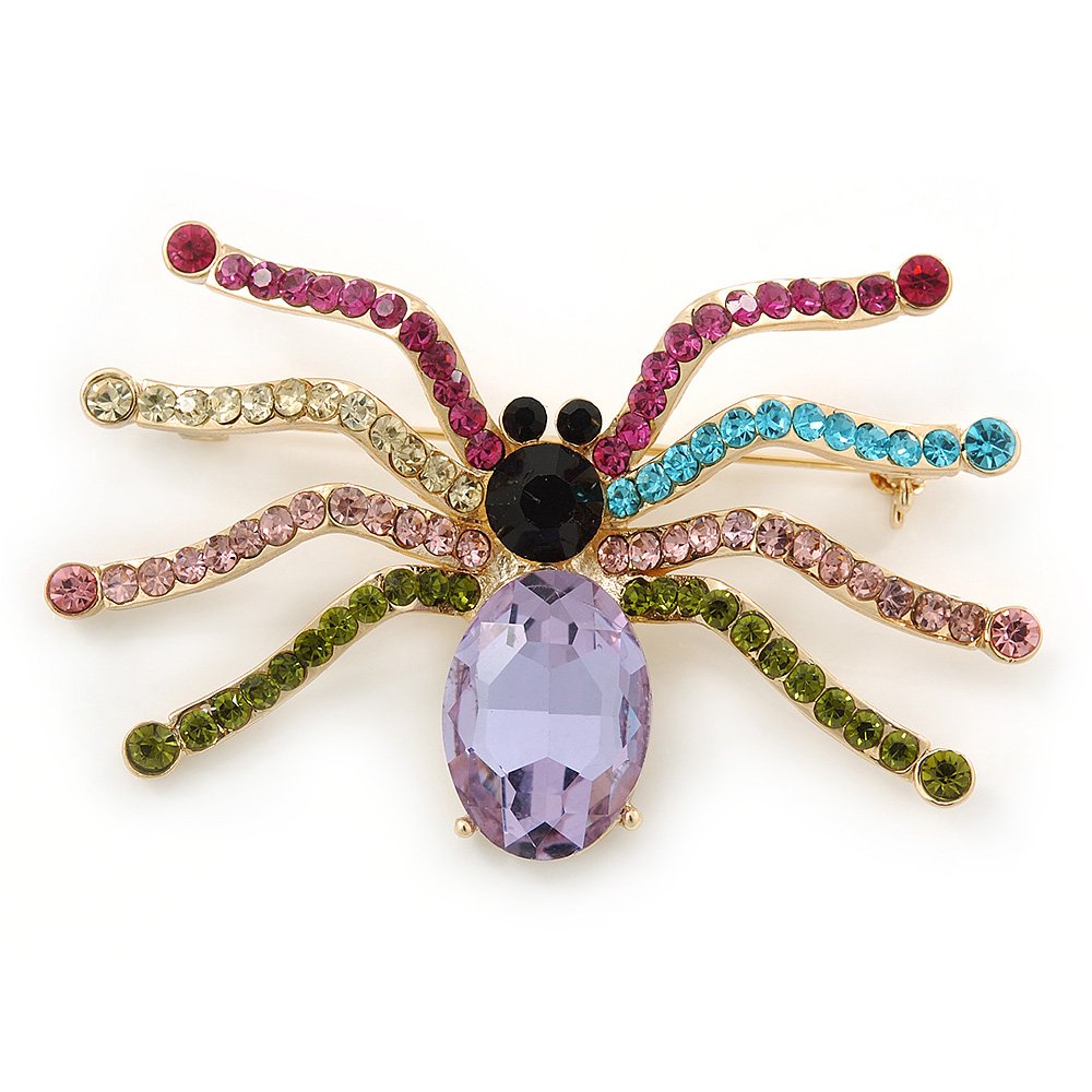 Multicoloured Austrian Crystal Spider Brooch In Gold Tone - 63mm W