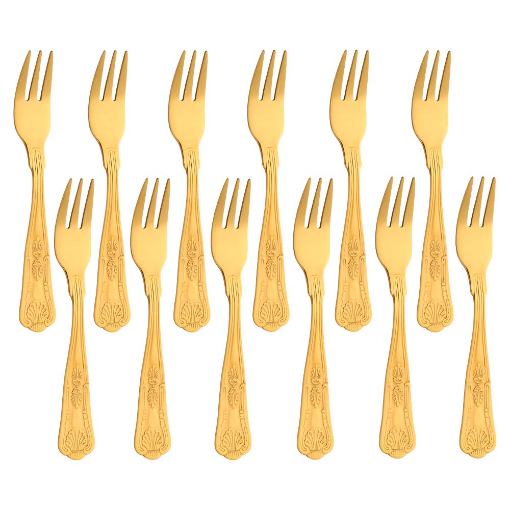Buyer Star 12 Piece King Cake Forks, Stainless Steel Gold Mini Fork Set for Dessert Fruit Cake Pastry Appetizer Oyster, 14cm
