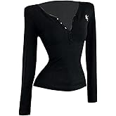 RoseSeek Women's Embroidery Long Sleeve Henley T Shirts Ribbed Knit Button Down Fitted Tee Fall Tops