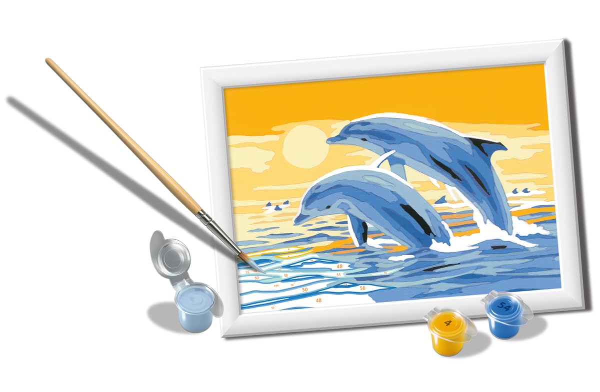 Ravensburger, CreArt, Dolphins Friends, Paint by Numbers, Creative Set for Boys and Girls, 2 Brushes and 1 Frame, Recommended Age 7+