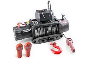 RUGCEL WINCH 12000lb 12V Truck Waterproof Electric Black Synthetic Rope Electric Winch with Hawse Fairlead,Wired Handle,2 Wireless Remote Control,Jeep Trailer Winch