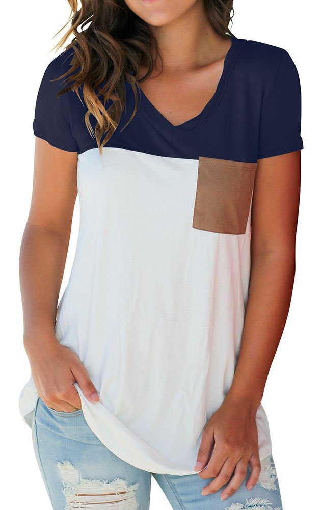 Short Sleeve V Neck Tee Shirts Tops Blouse with Suede Pocket Navy M