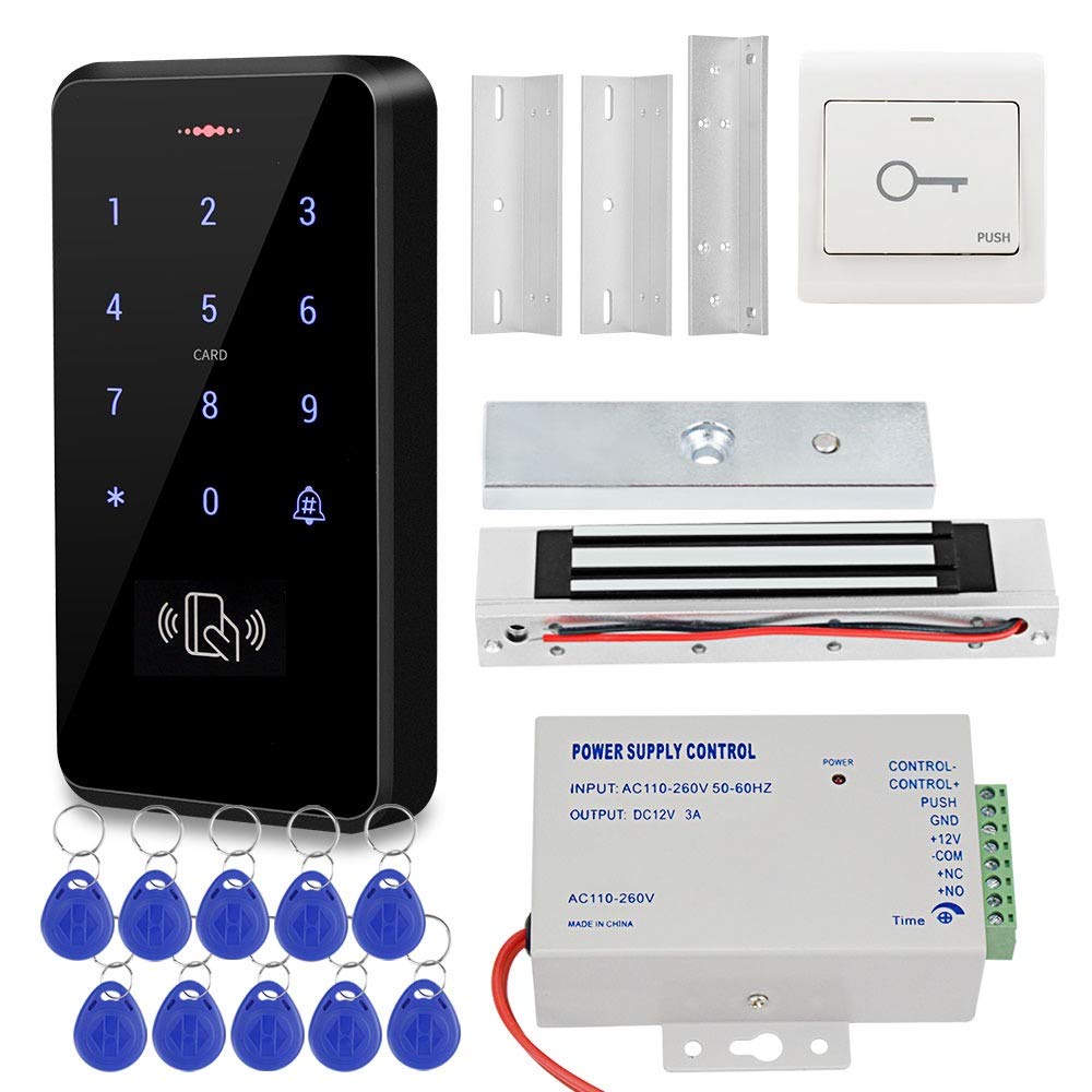 KDL Door Access Control System IP68 Waterproof RFID Keypad Controller, DC12V Power Supply, Electric Magnetic Lock 180kg/350lbs with Z&L Bracket, Door Exit Button, 125KHz Proximity Keyfobs for Home