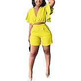 Fooullaide Womens Summer 2 Piece Outfit Set Crop Top Butterfly Sleeve Short Set Sexy Beach Vacation 2pc Sets
