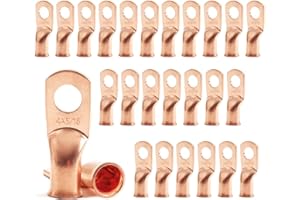 JOYPXF 25pcs 4 AWG 5/16" Stud Copper Ring Terminals Battery Cable Ends Wire Lugs 4 Gauge Battery Cable Lugs Heavy Duty Cable Lugs Bare Copper Eyelets Tubular Ring Terminal Connectors