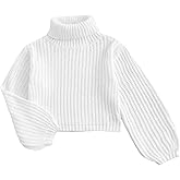OYOANGLE Girl's Turtleneck Cropped Sweaters Lantern Long Sleeve Solid Fall Knit Jumper Tops