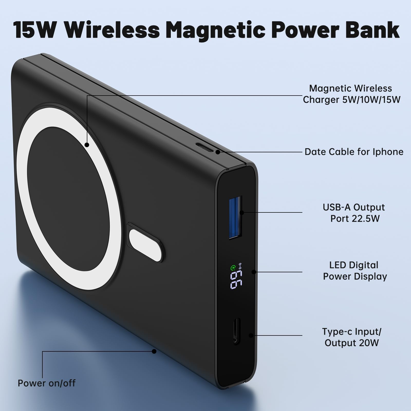 Yiisonger Magnetic Portable Charger - 10000mAh Wireless Power Bank with Stand and USB-C LED Display, Slim Magnetic Battery Pack 22.5W PD Fast Charging for iPhone 15/14/13/12/Pro/Mini/Pro Max