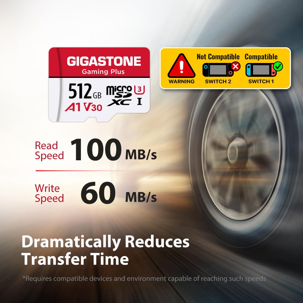 GIGASTONE 512GB Micro SD Card, Gaming Plus, MicroSDXC Memory Card for Nintendo-Switch 1, Wyze, GoPro, Dash Cam, Security Camera, 4K Video Recording, UHS-I A1 U3 V30 C10, up to 100MB/s, with Adapter