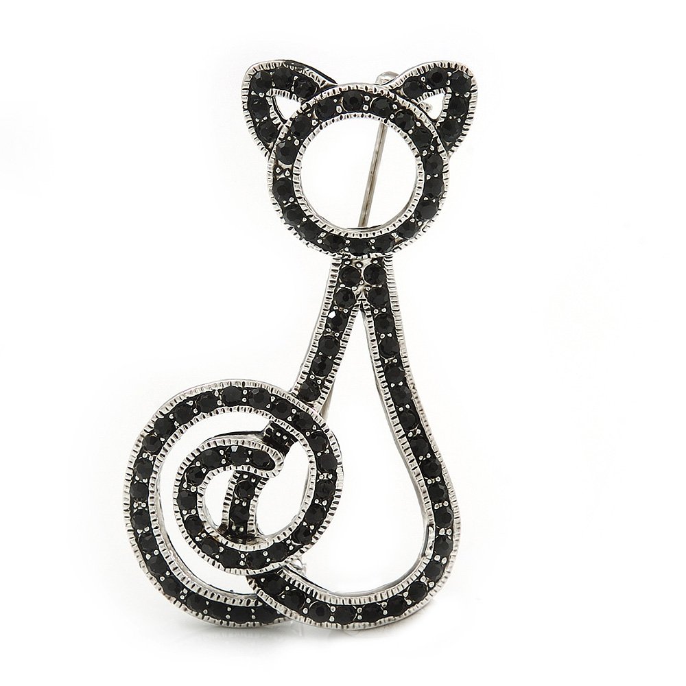 Jet Black Diamante 'Cat' Brooch In Rhodium Plating - 50mm Length