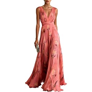 Women's Sleeveless Floral Maxi Dress Deep V Neck Flowy Chiffon Dress Elegant Formal Party Wedding Guest Dresses