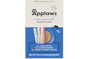 Applaws Lickable Cat Treats, Natural Grain-Free Purée, Made with Limited and Natural Ingredients, No Artificial Additives, Fish Squeeze Up Cat Treats (24 x 0.5 oz Sachets)