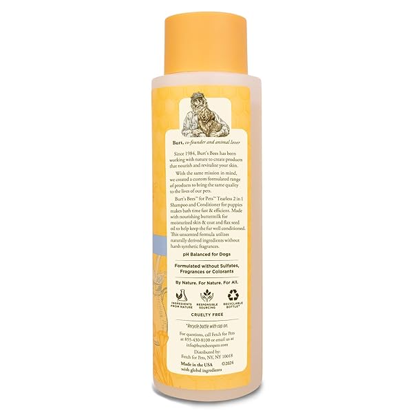 BURT’S BEES FOR PETS TEAR FREE PUPPY SHAMPOO & CONDITIONER WITH BUTTERMILK, 2 IN 1 GENTLE DOG SHAMPOO FOR PUPPIES, CLEANS AND CONDITIONS SENSITIVE SKIN, 16 FL OZ