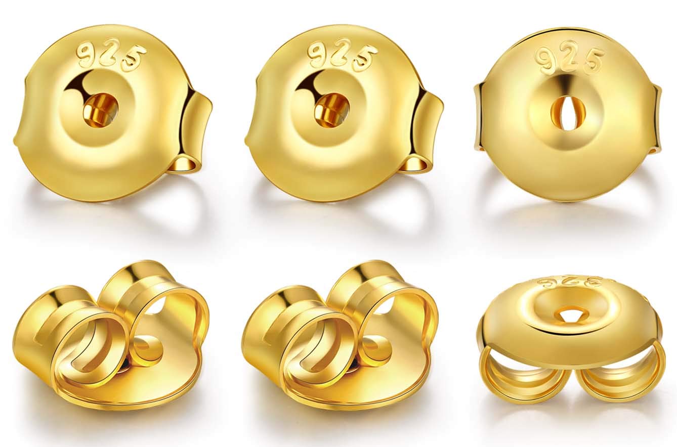 14K Gold Plated Earring Backs Replacements, 925 Sterling Silver Hypoallergenic Secure Gold Earring Backs Locking for Studs Ear Rings (3 Pairs)