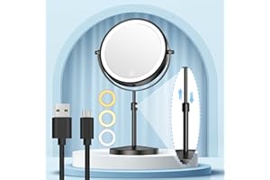 Gospire 8.5" Lighted Makeup Mirror with Magnification, Adjustable Brightness & Height, 3 Light Colors, 360° Rotation, 10X Magnifying Mirror with Light, LED Vanity Mirror for Women - Black