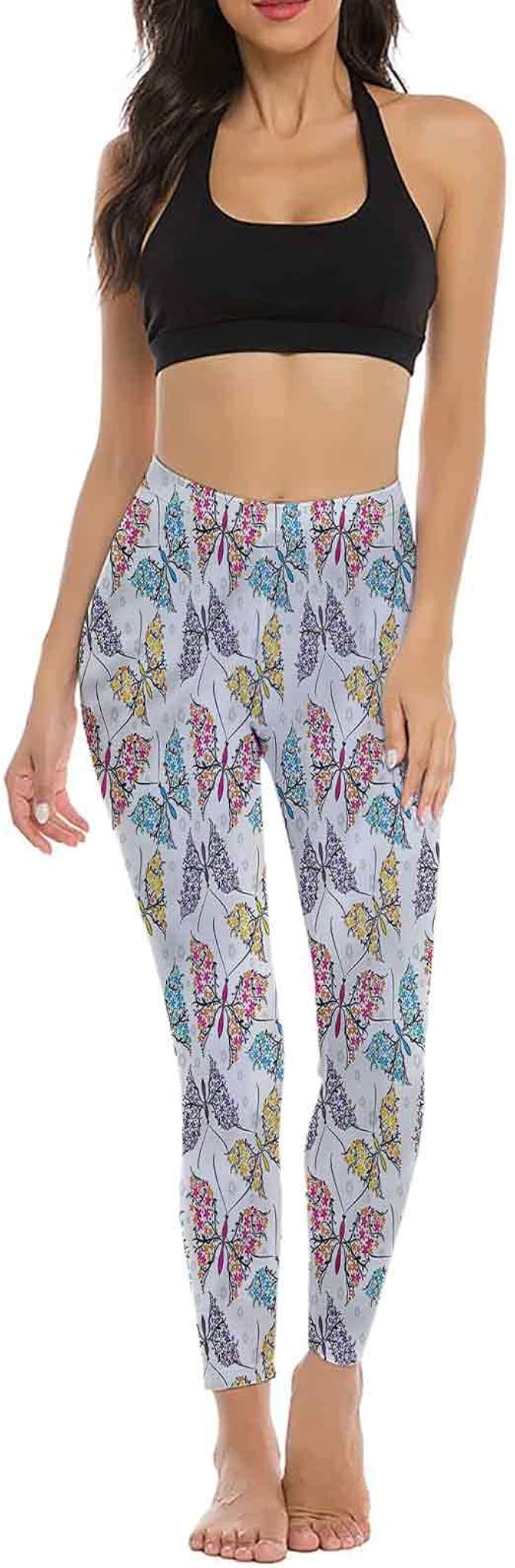 Butterfly Leggings for Women High Waisted, Abstract Floral Wings Sports