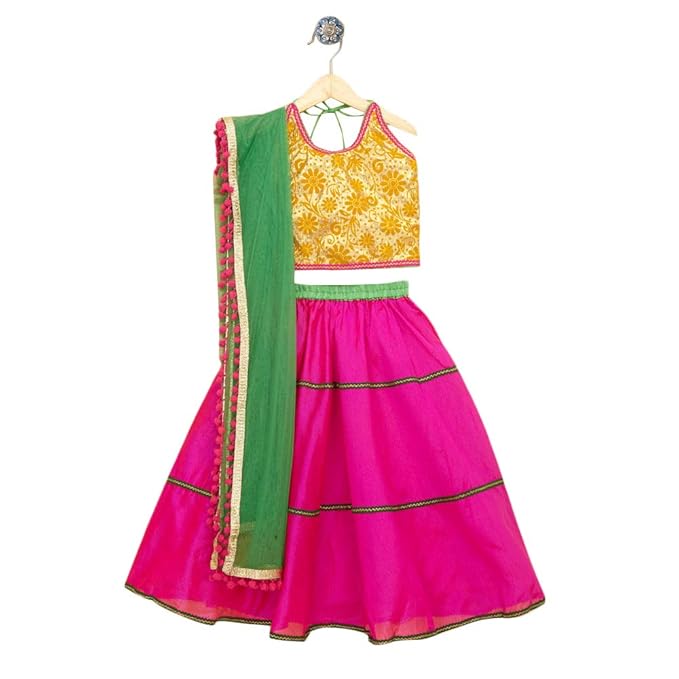 Kids Chakra By Hopscotch Girls Cotton Flower Print Lehengas And Blouses Set With Dupatta in Pink Color