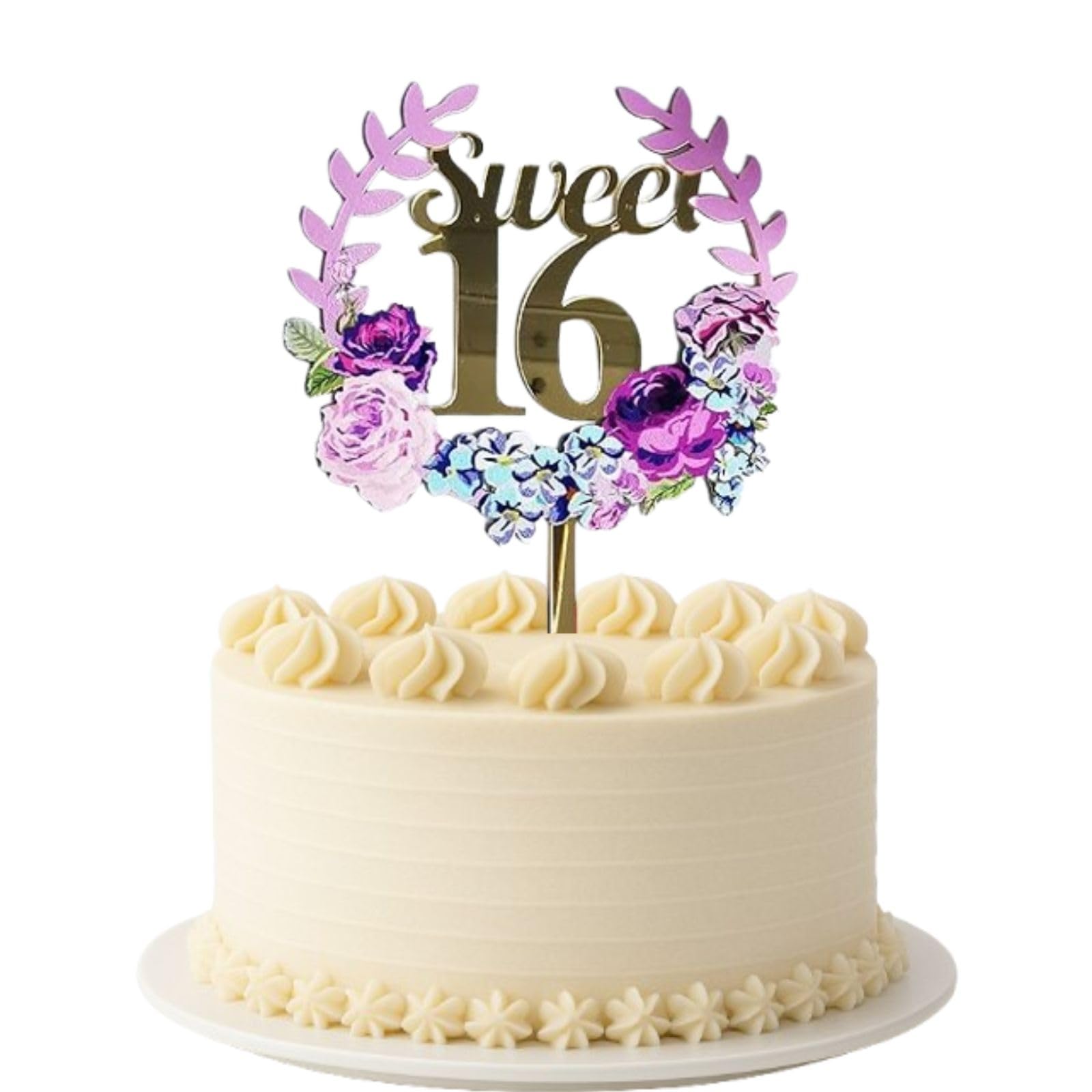 Sweet 16 Happy Birthday Cake Topper 16th Anniversary Elegant Flower Decoration UK Acrylic Gold