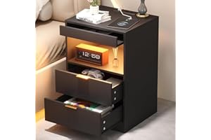 Yusong Night Stand, Bedside Table, LED Nightstand with Charging Station, Modern Night Stand, Wood Sofa Couch End Side Table with 2 Pull-Out Shelf (Black)