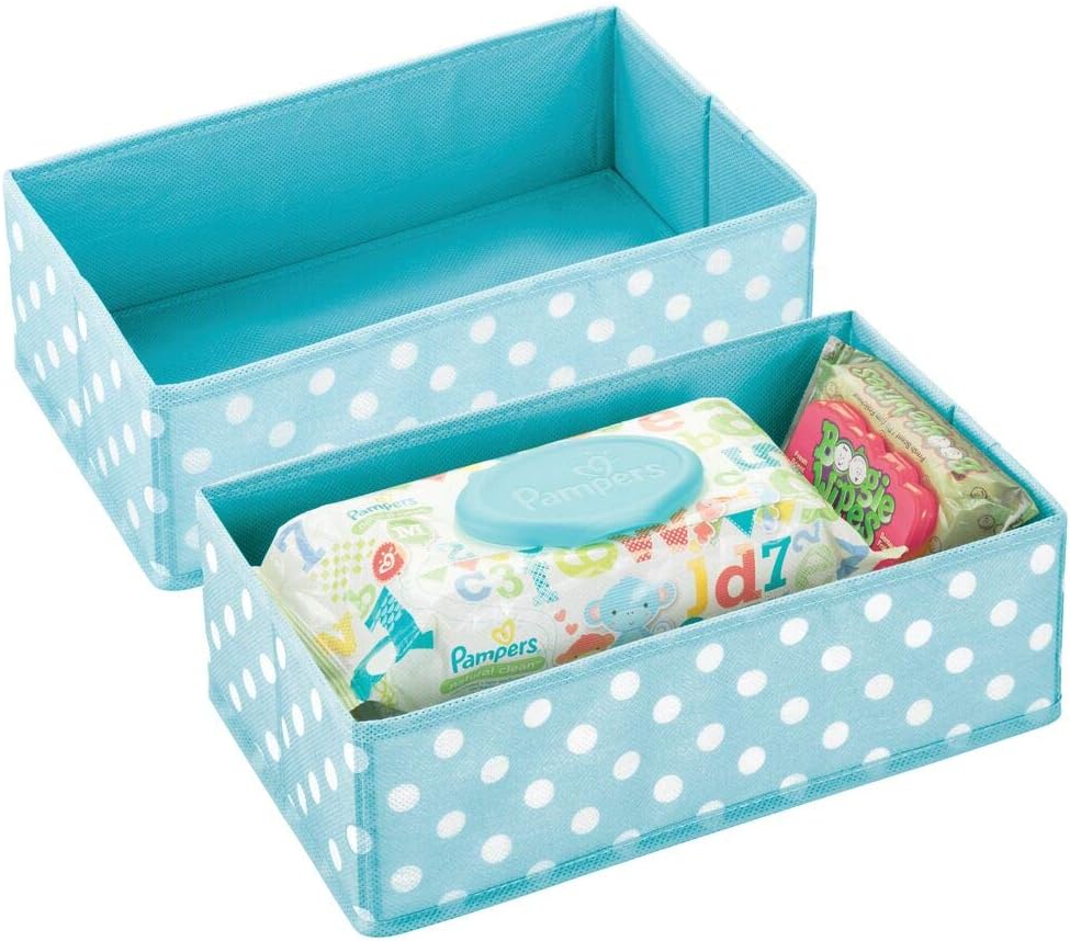 mDesign Soft Fabric Polka Dot Dresser Drawer and Closet Storage Organizer for Child/Kids Room, Nursery, Playroom - Divided Organizer Bin - Textured Print, 2 Pack - Turquoise Blue/White