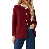 Langwyqu Womens Crew Neck Button Down Cardigan Sweaters Blazer Casual Long Sleeve Knit Solid Sweater with Pockets