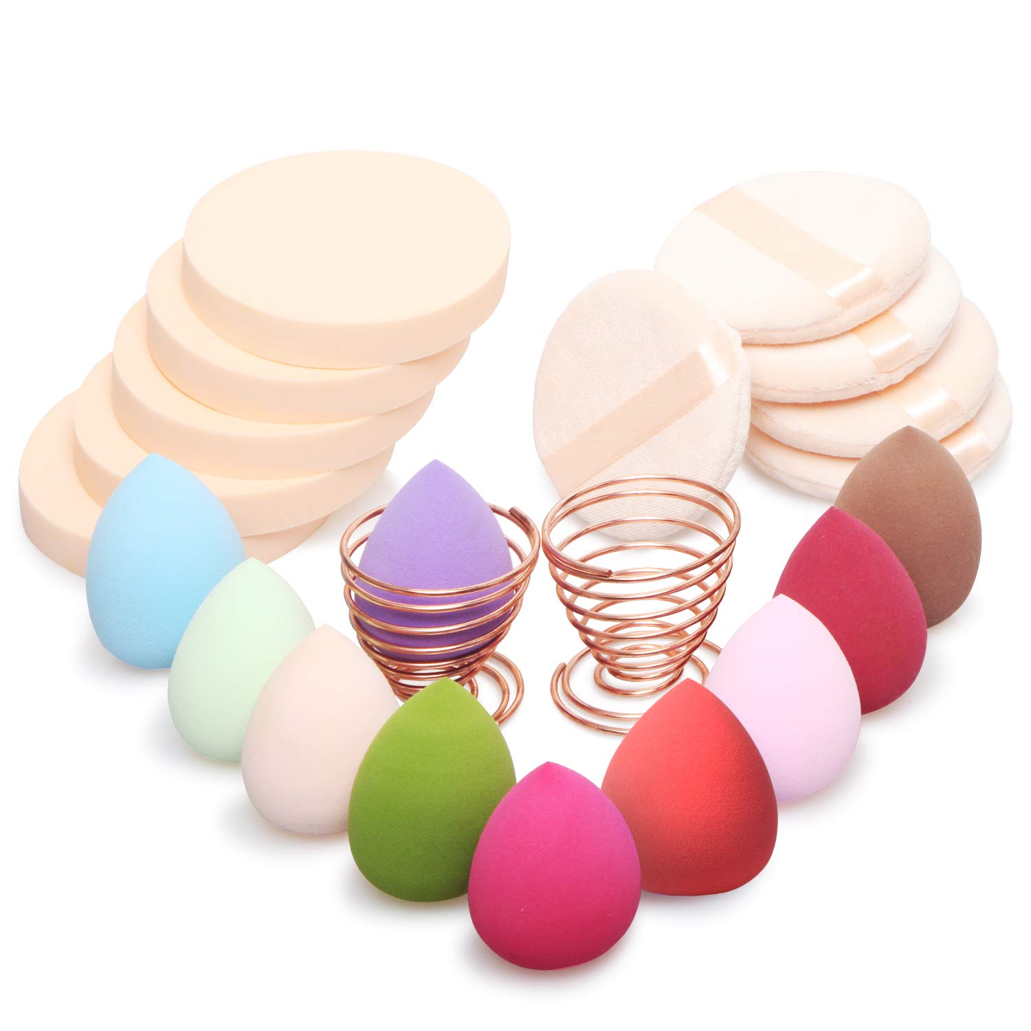 22pcs Makeup Sponges Set 10 Egg Shaped and 5 Makeup Puff and 5 Round Sponges and 2 Sponge Holder for Cosmetic Liquid,BB Cream, Powder, Concealer, Eyeshadow,Blush Foundation