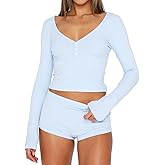 INFITTY Womens Sexy Vneck 2 Piece Sets Casual Long Sleeve Button Short Pajama Outfit 2026 Trendy Crop Top Nightwear