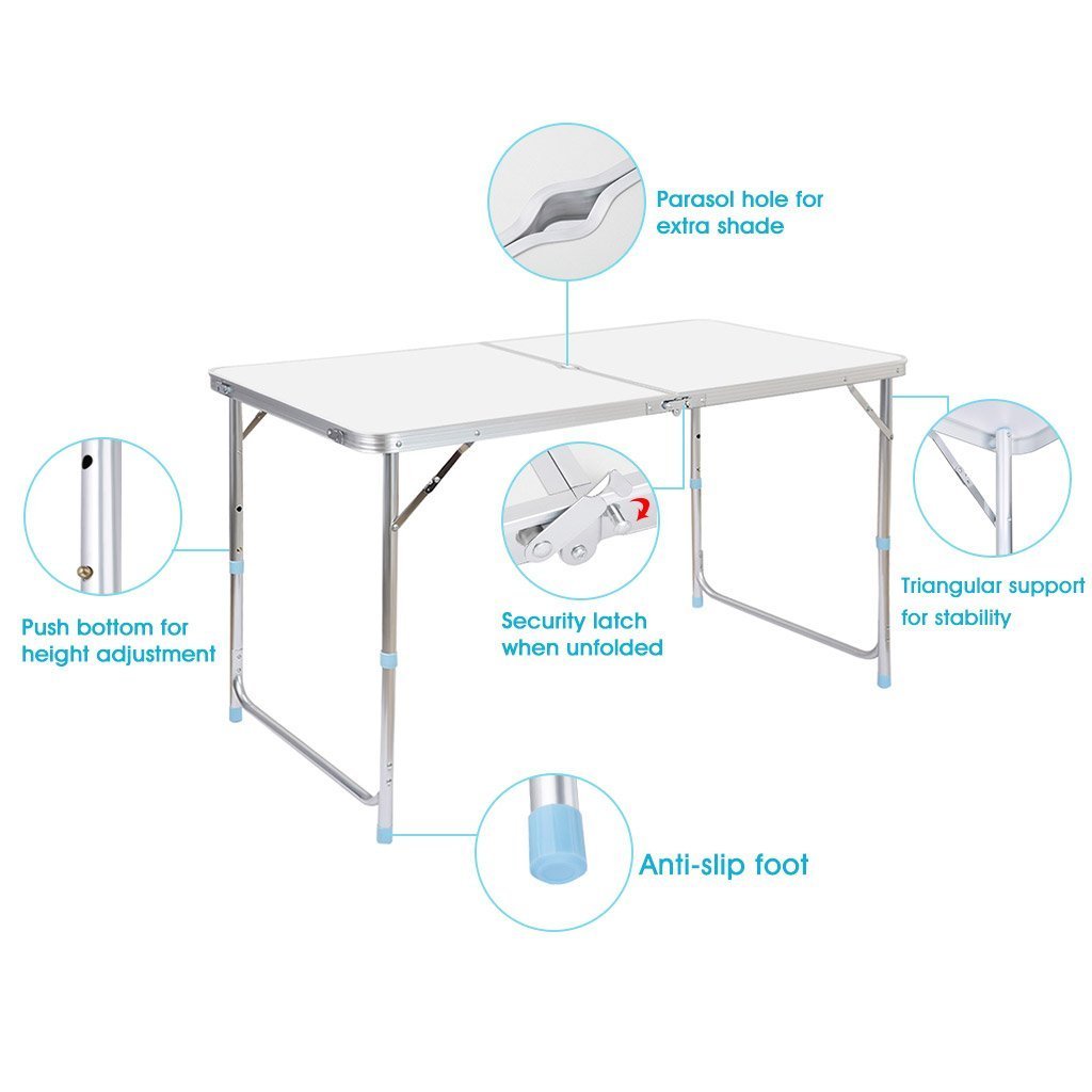 Homdox Height Adjustable Camping Folding Table Aluminum Table with Portable Carrying Handle Multi Purpose for Indoor Outdoor, White