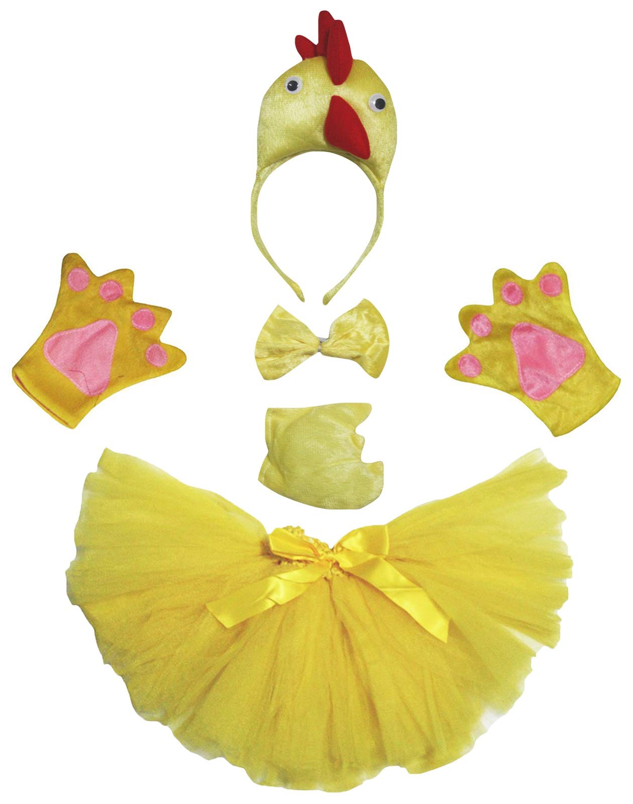 Petitebelle Hen Headband Bowtie Tail Gloves Tutu 5pc Girl Costume 1-10y (Yellow, 3-5 Years)