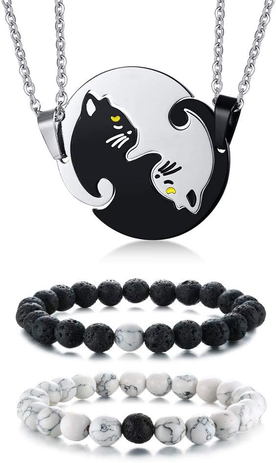 Stainless Steel Matching Puzzle Dog Tag Necklace&His and Hers Yin Yang Distance Beads Bracelet