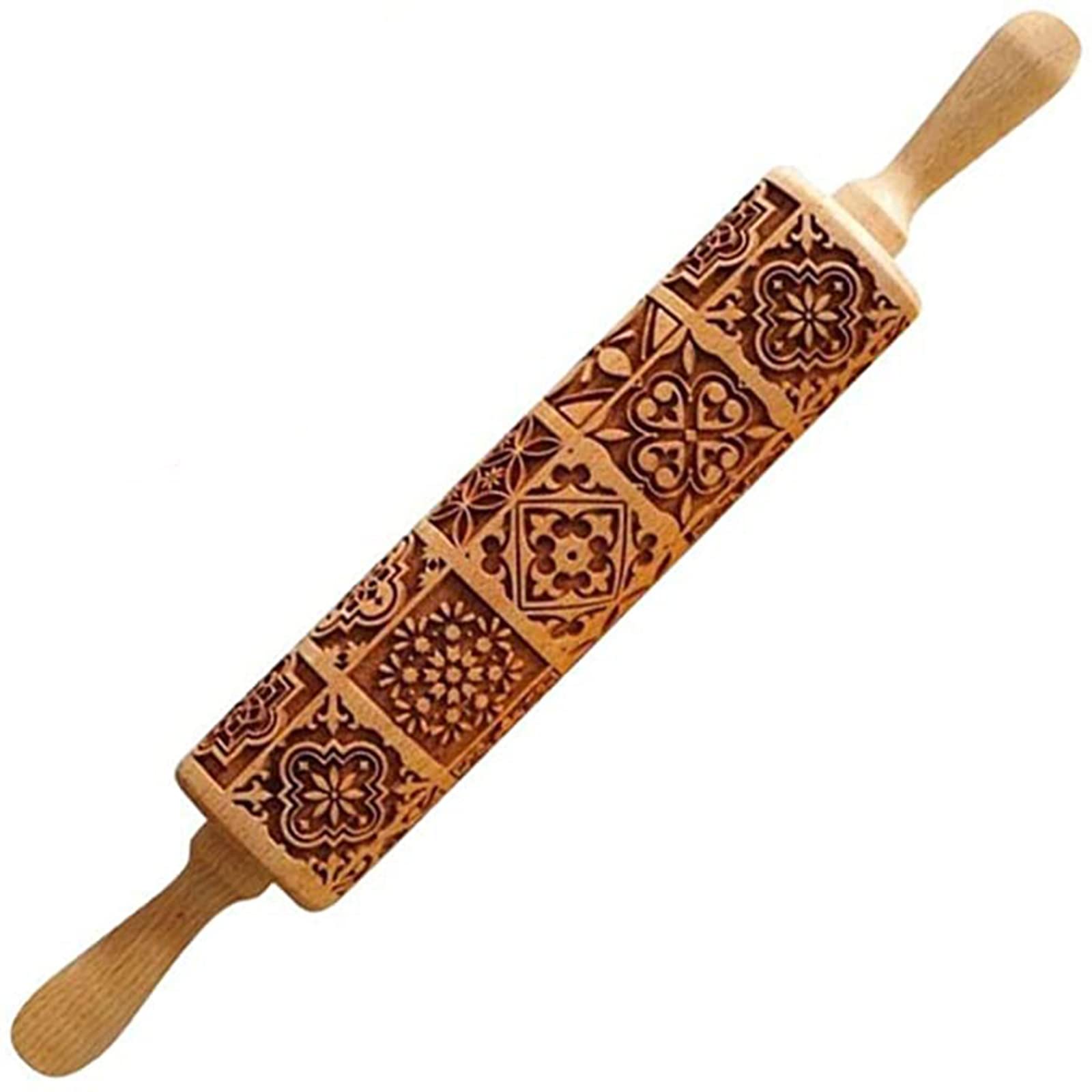 Wooden Rolling Pin, Christmas DIY Embossed Rolling Pin, Engraved Embossing Dough Rolling Pin, Beechwood 35cm Rolling Pin with Window Grilles Pattern Design for Baking Pizza Fondant Cookies