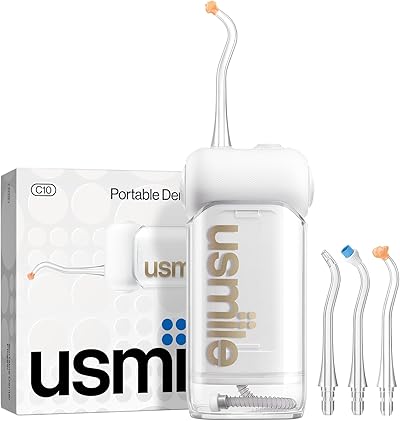 usmile C10 Tragbare Munddusche – 95 Tage Akkulaufzeit, 4 Reinigungsmodi, 180 ml Tank, IPX7 Wasserdicht, Ideal für Reisen, Zahnspangen, Implantate & Empfindliches Zahnfleisch (Weiß)