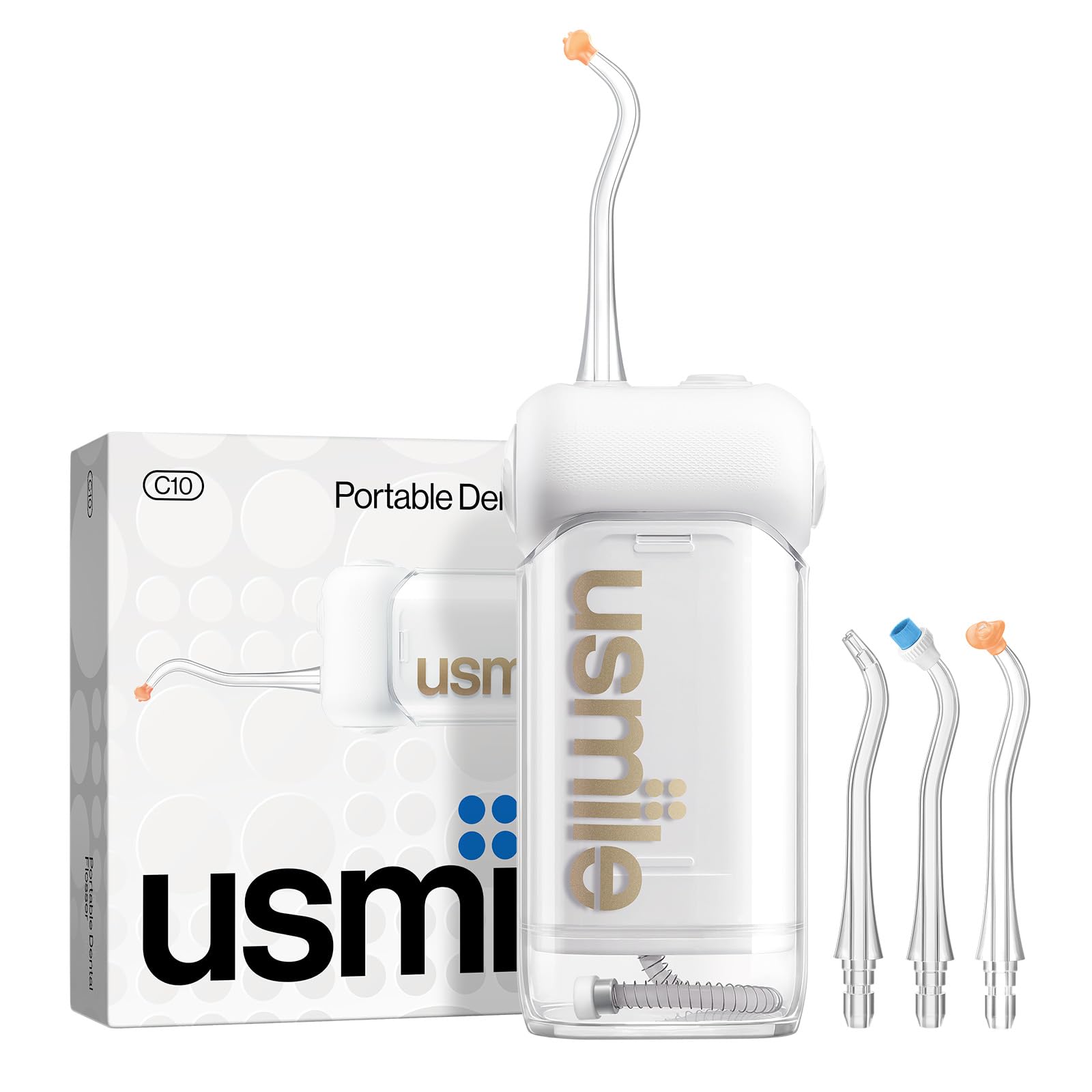 Photo 1 of usmile C10 Portable Water Flosser – Travel-Friendly, 95-Day Battery, 4 Modes, 360° Nozzle, 180ml Tank, IPX7 Waterproof, Dentist-Recommended for Braces, Implants & Sensitive Gums (White)